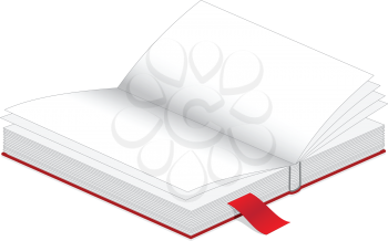 Illustration of an open book with a bookmark on a white background