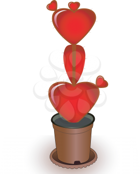 Heart to the form of a cactus with prickles and small hearts in a flowerpot