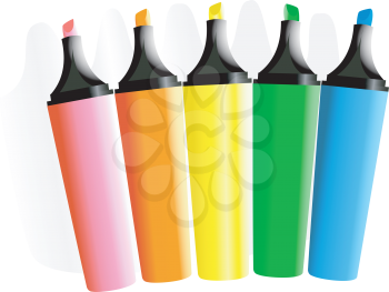 Set of markers of different colors on a white background with a shade
