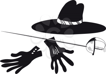 Illustration of black hat with gloves and epee