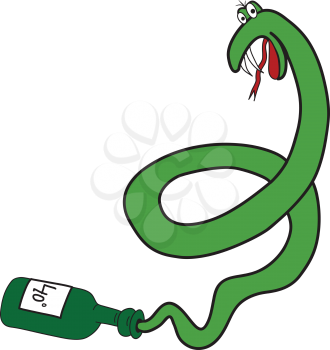 Cartoon green snake from the bottle as a symbol of the alcoholism