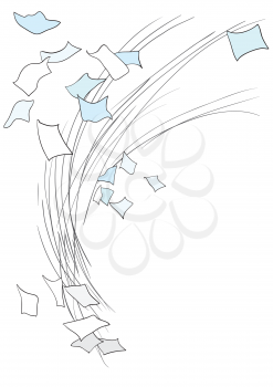 Illustration of scattered sheets of paper whirlwind wind