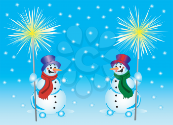 2 snowmans with a bengal fire on a background of falling snowflakes