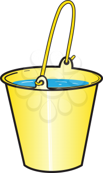 Illustration of a bright yellow bucket with water on the white background