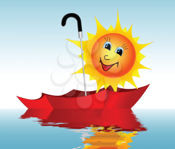 Illustration of the sun in an umbrella sailing on the water