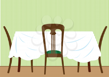 Illustration of a table with a white tablecloth and chairs
