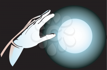 Illustration of hands and the magic ball on a dark background