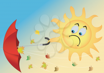 Illustration of the funny sun with an umbrella and flying leaves