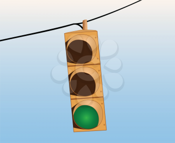 Illustration of a greem traffic signal on the wire against the sky