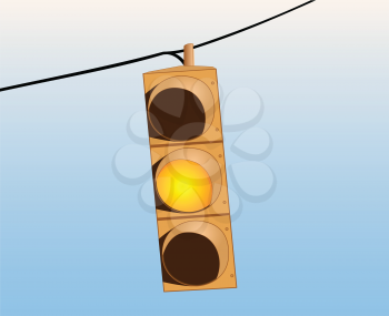 Illustration of a yellow traffic signal on the wire against the sky