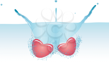 Two red hearts falling in water
