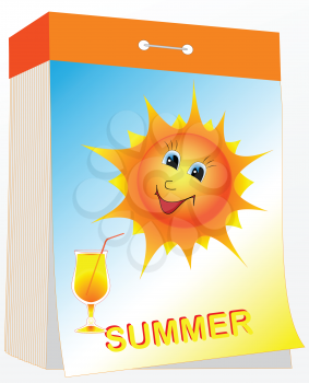 Illustration wall tear-off calendar with the sun and a drink, summer season
