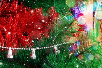 Christmas background with Christmas tree toys and lights