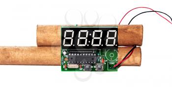 Explosives with electronic clockwork on a white background