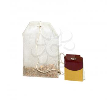 Paper bag of tea and label isolated on white background