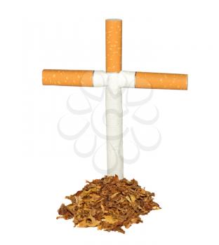 Symbolic grave of tobacco and a cross of cigarettes isolated on white background