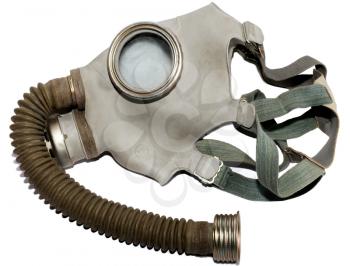 Gas mask with corrugated hose on a white background