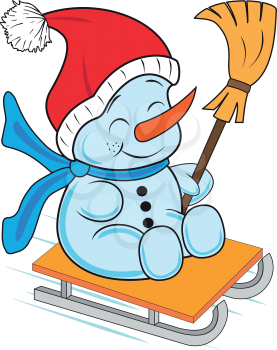 Illustration of a happy snowman with a broom on a sled