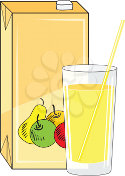 Illustration of a box and a glass with juice and a straw