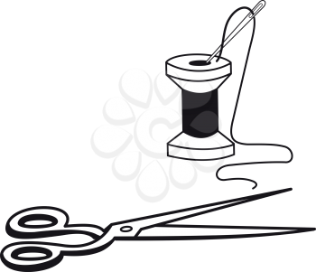 Contours of a reel with threads and a needle and scissors isolated on a white background