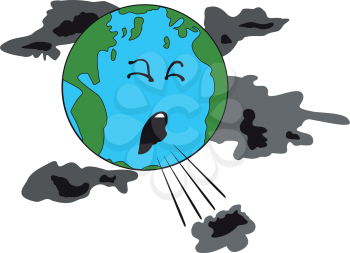 Illustration of a coughing planet Earth with bad clouds