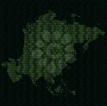 Illustration of silhouette of Asia from binary digits on background of binary digits