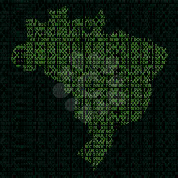 Illustration of silhouette of Brazil from binary digits on background of binary digits