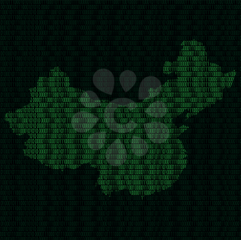 Illustration of silhouette of Chinafrom binary digits on background of binary digits