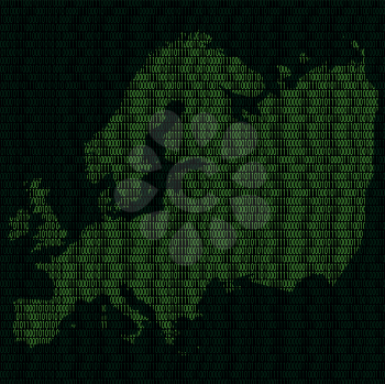 Illustration of silhouette of Europe from binary digits on background of binary digits