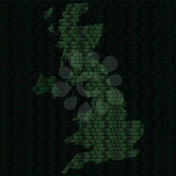 Illustration of silhouette of Great Britain from binary digits on background of binary digits