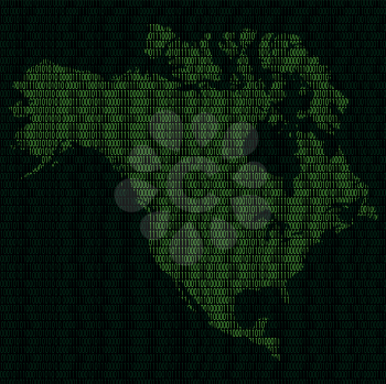 Illustration of silhouette of North America from binary digits on background of binary digits
