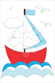Illustration of a small boat on the waves of the sea and birds in the sky