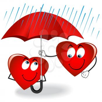 Illustration of cartoon hearts in the rain with an umbrella