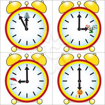 Illustration of a set of clocks with symbols of the seasons