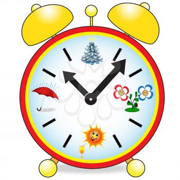 An illustration of a clock with four symbols of the seasons