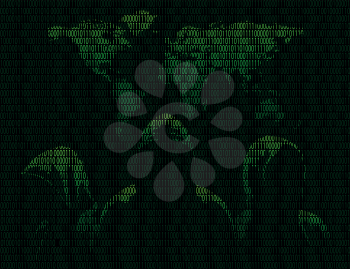 Illustration of silhouettes of three anonymous and maps the world from binary digits on a dark background of binary digits
