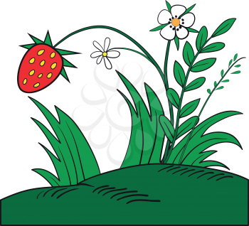 Illustration of a red ripe strawberries and flowers on a clearing