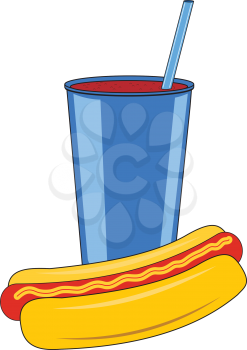 Illustration of a cardboard cup with a drink and a hot dog