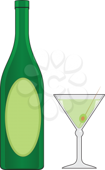Illustration of bottle and glass with a drink and an olive