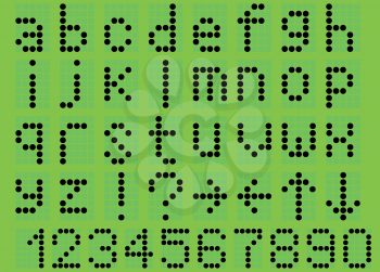 Illustration lowercase alphabet digital LCD indicator on a green background
