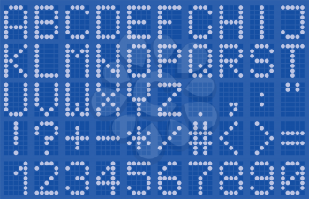Illustration of uppercase alphabet digital LCD indicator on a blue background