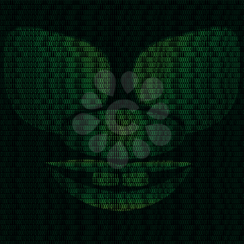 Illustration of mask of the grotesque cyber clown of binary code on a background of binary digits