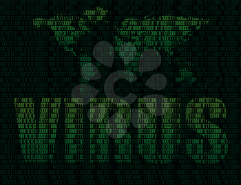 Illustration of the word virus on world map background and maps the world from binary digits on a dark background of binary digits