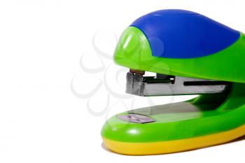 Part of colorful office stapler isolated on white background