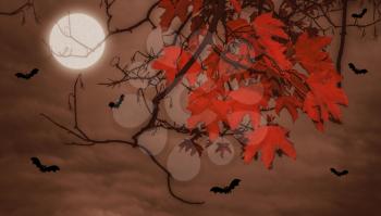 Halloween landscape with the moon bats and maple branches against the sky of a fiery retreatmoon