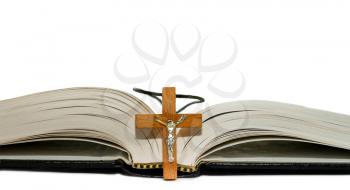 Open book and a cross isolated on white background