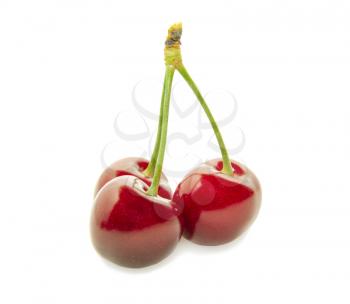 Three ripe sweet cherries isolated on white background