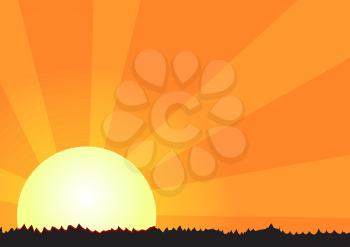 Illustration of the summer landscape of the setting sun with rays and grass silhouette