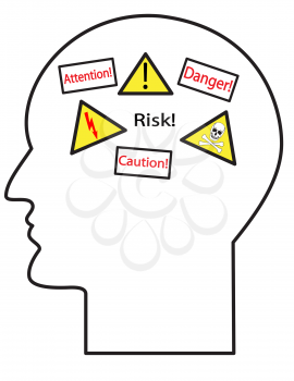Illustration of the contour of a human head with danger symbols