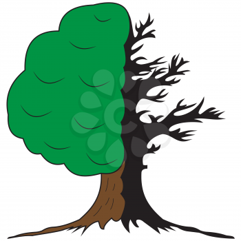 An illustration of a symbolic tree of two halves alive and green and dried and dead